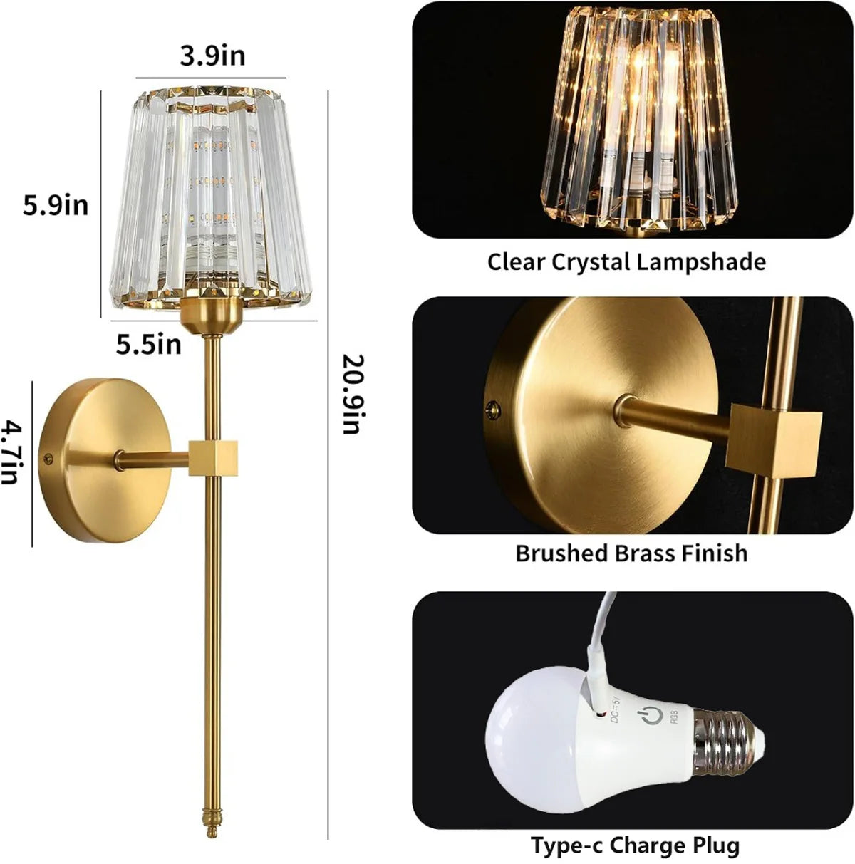 Rechargeable Crystal Wall Lights - No Wiring American Style LED Bedroom Lamps
