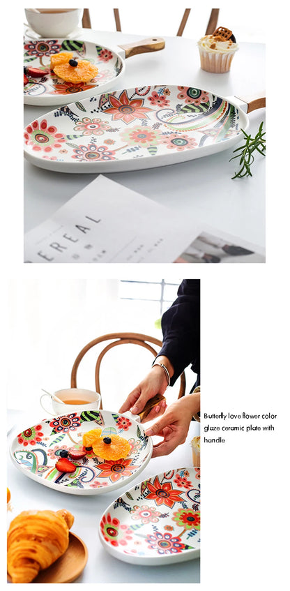 Handled Porcelain Plates Floral Design - Serving Plates for Desserts and Salads"