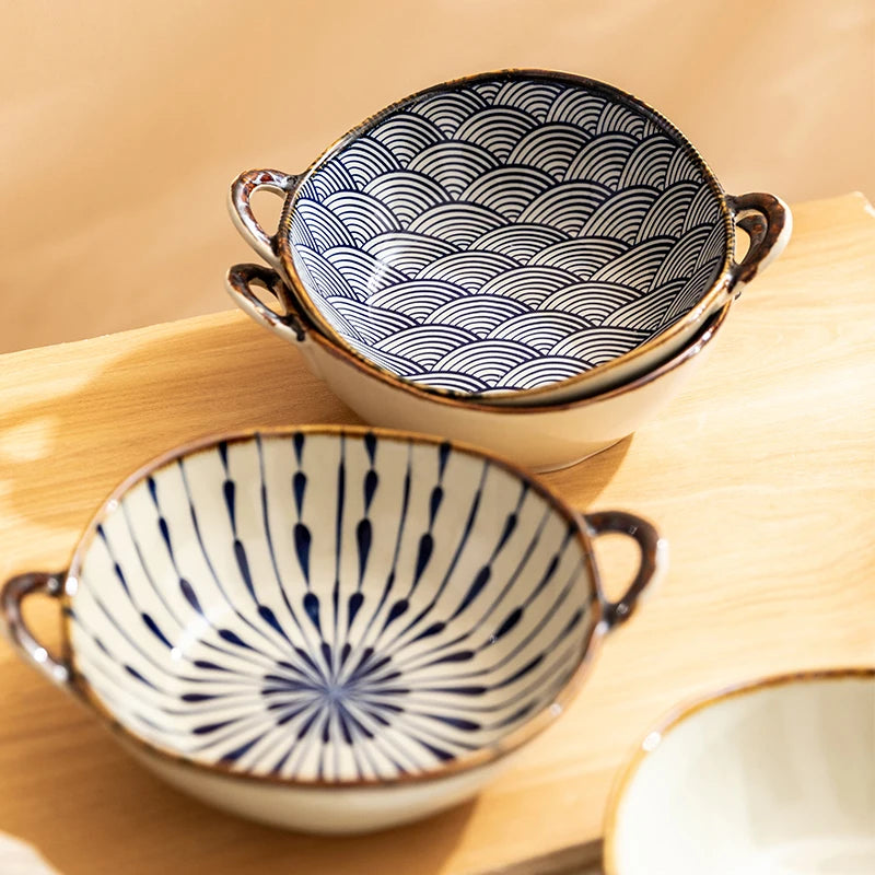 Handled Ceramic Noodle Bowl Japanese - 7.5 Inch Microwave Safe Soup Bowl