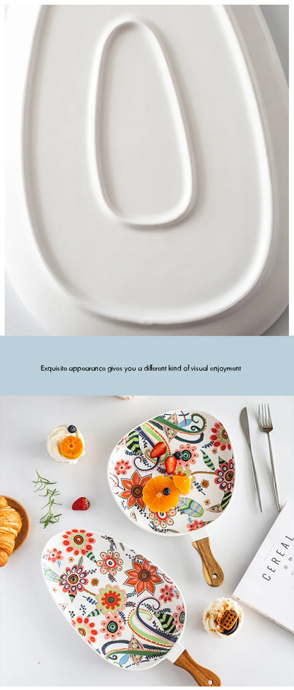 Handled Porcelain Plates Floral Design - Serving Plates for Desserts and Salads"