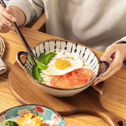 Handled Ceramic Noodle Bowl Japanese - 7.5 Inch Microwave Safe Soup Bowl