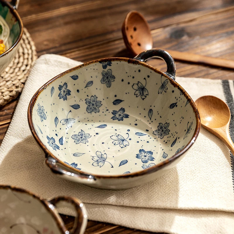 Handled Ceramic Noodle Bowl Japanese - 7.5 Inch Microwave Safe Soup Bowl