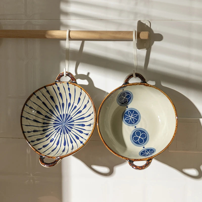 Handled Ceramic Noodle Bowl Japanese - 7.5 Inch Microwave Safe Soup Bowl