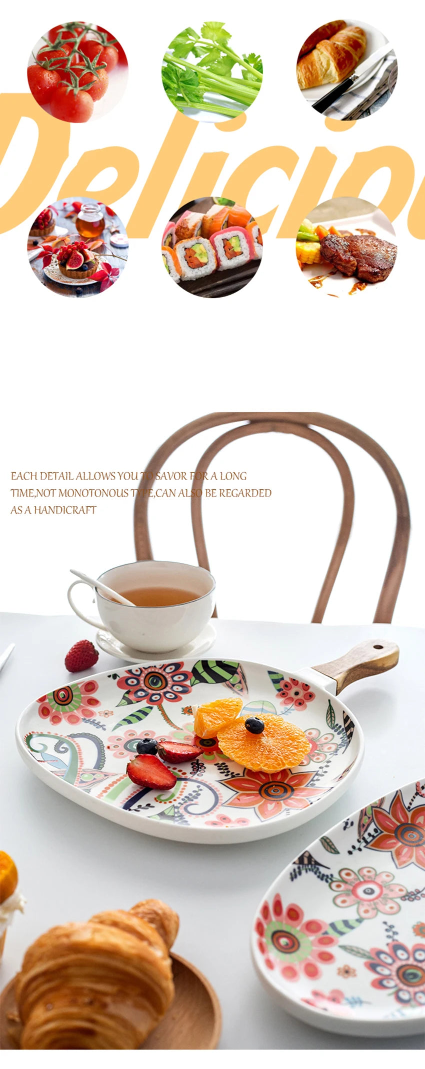 Handled Porcelain Plates Floral Design - Serving Plates for Desserts and Salads"