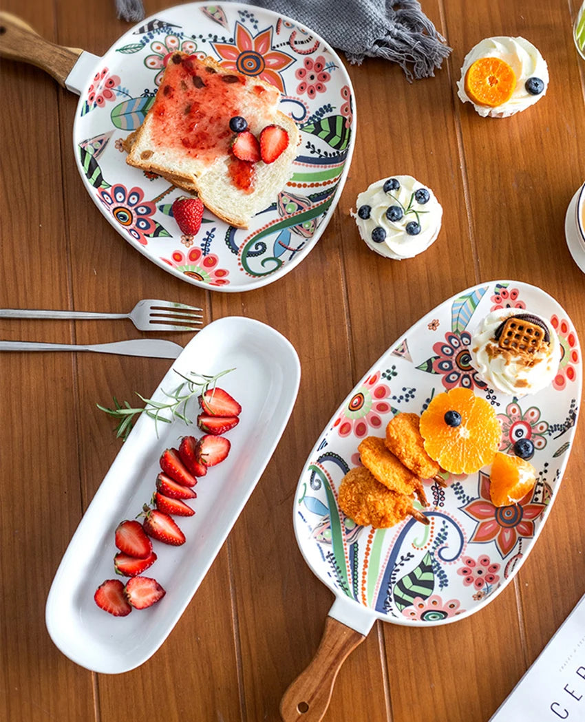 Handled Porcelain Plates Floral Design - Serving Plates for Desserts and Salads"