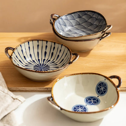 Handled Ceramic Noodle Bowl Japanese - 7.5 Inch Microwave Safe Soup Bowl