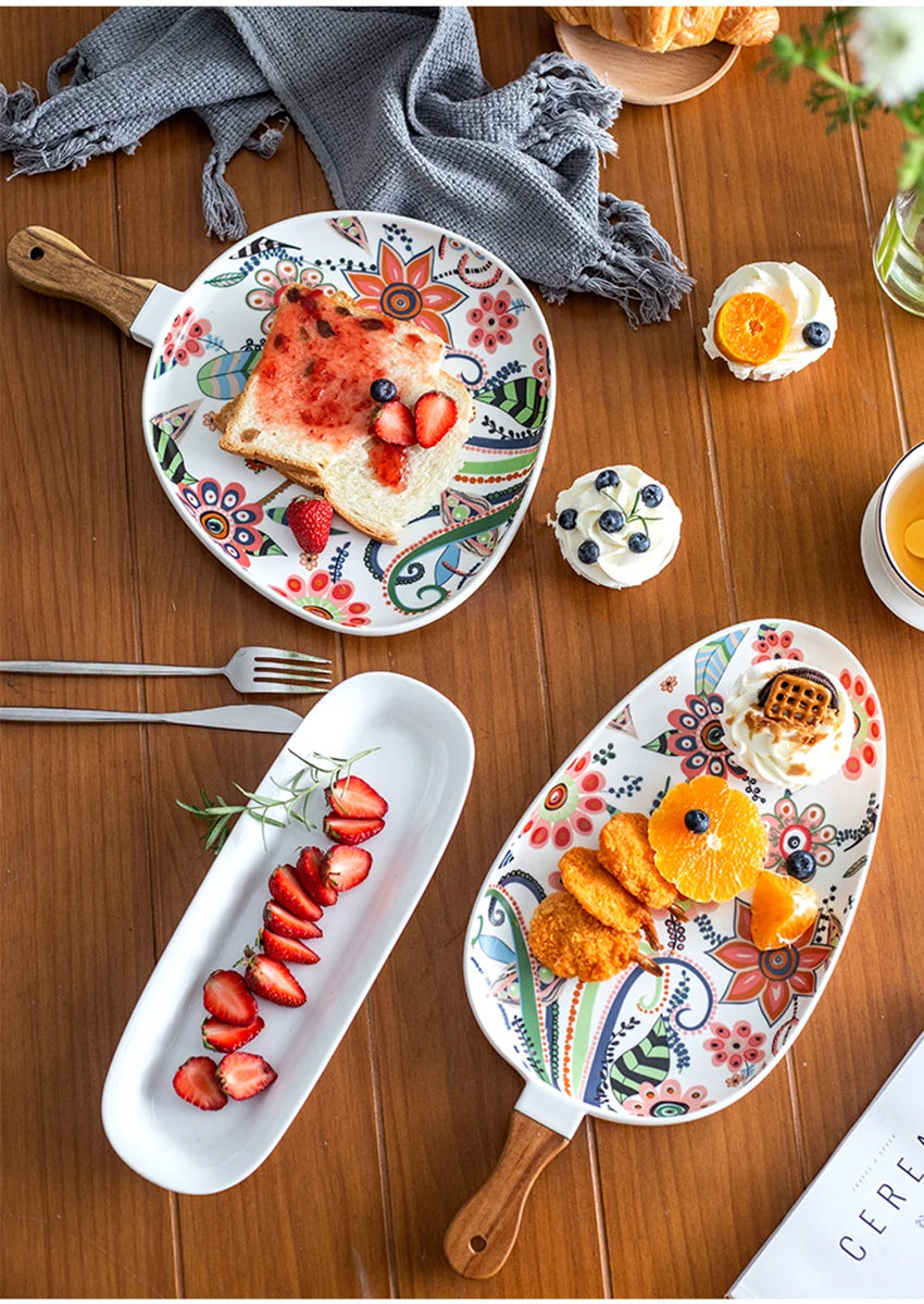 Handled Porcelain Plates Floral Design - Serving Plates for Desserts and Salads"