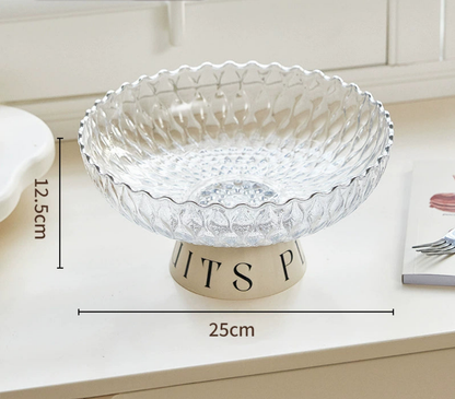 Japanese Glass Fruit Dish with Wood Base - Decorative Compote for Living Room