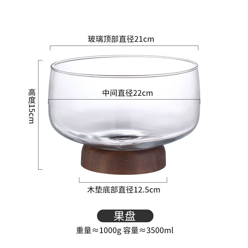 Japanese Glass Fruit Dish with Wood Base - Decorative Compote for Living Room