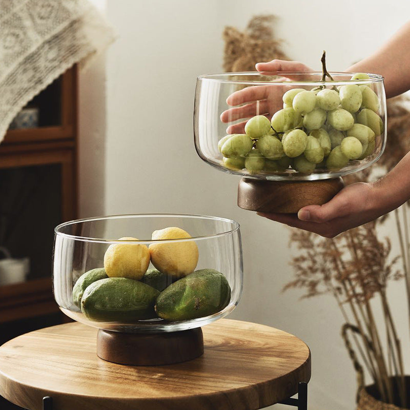 Japanese Glass Fruit Dish with Wood Base - Decorative Compote for Living Room