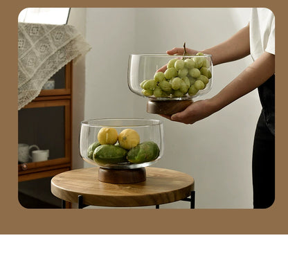 Japanese Glass Fruit Dish with Wood Base - Decorative Compote for Living Room