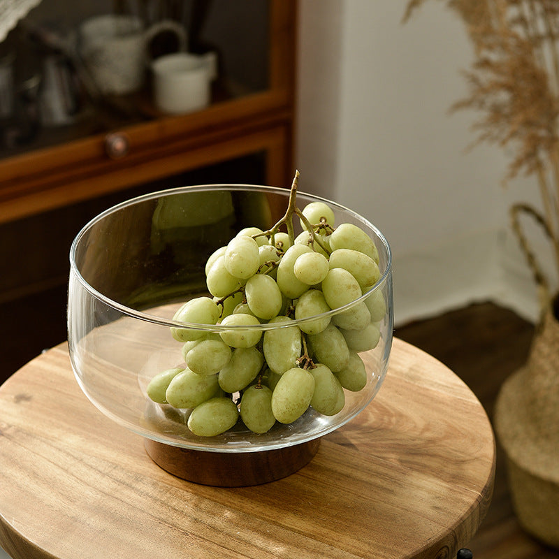 Japanese Glass Fruit Dish with Wood Base - Decorative Compote for Living Room