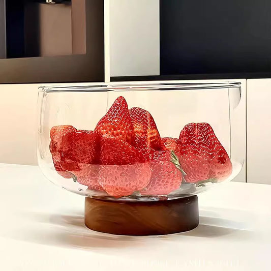 Japanese Glass Fruit Dish with Wood Base - Decorative Compote for Living Room