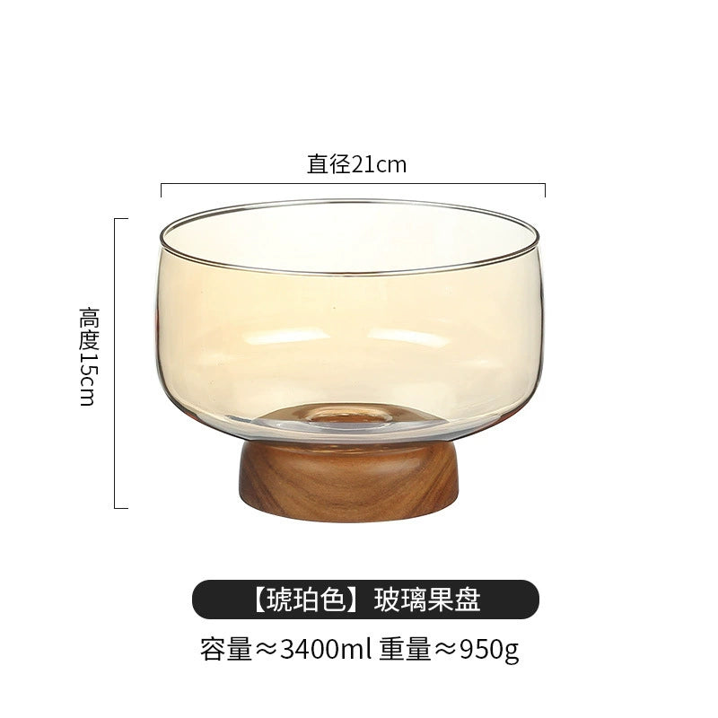 Japanese Glass Fruit Dish with Wood Base - Decorative Compote for Living Room