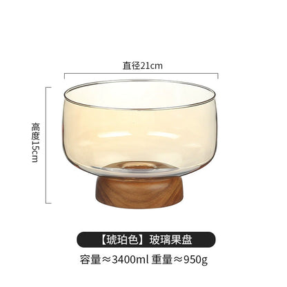 Japanese Glass Fruit Dish with Wood Base - Decorative Compote for Living Room