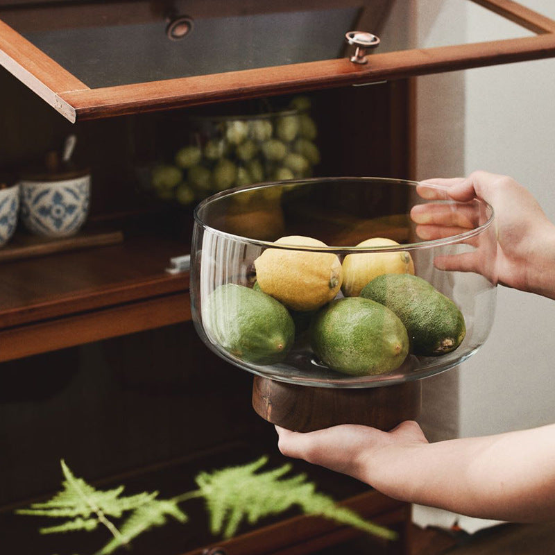 Japanese Glass Fruit Dish with Wood Base - Decorative Compote for Living Room