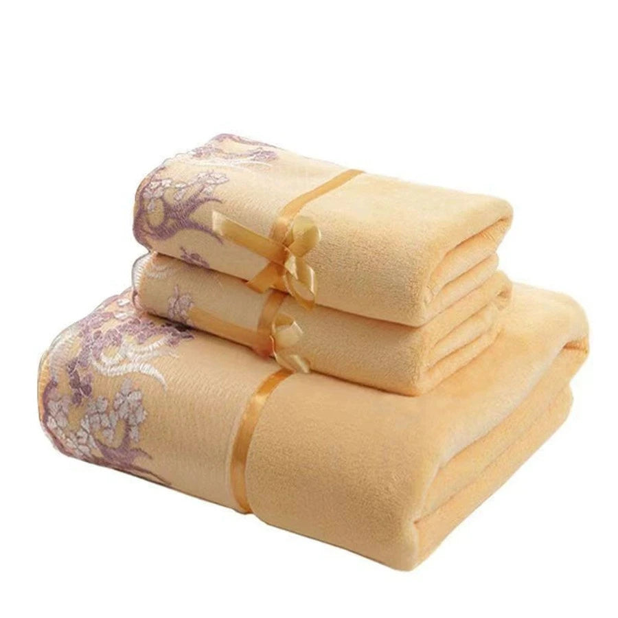 Lace-Trimmed Towel Set 3pcs - Soft Absorbent Embroidered Gift Set