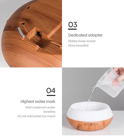 Aromatherapy Diffuser 500ml - Wood Grain Ultrasonic Humidifier 7 Colour LED