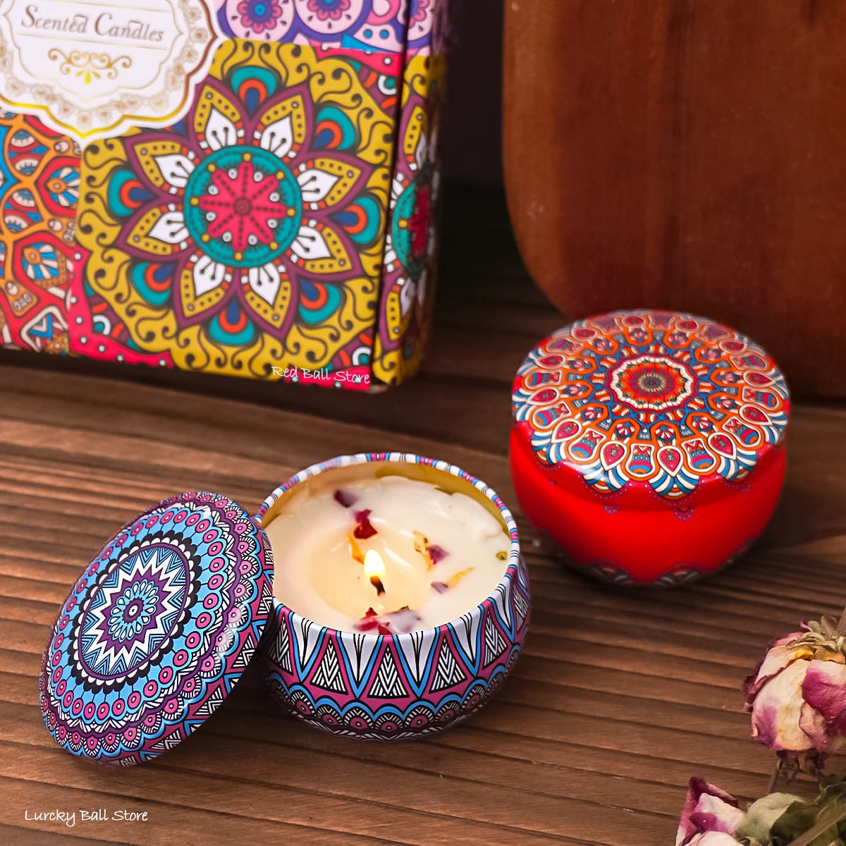 Scented Candle Set 4pcs - Soy Candles with Crystals & Dried Flowers