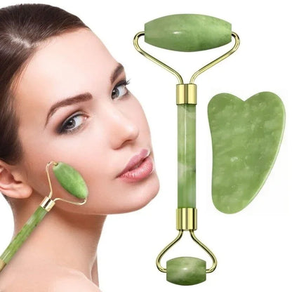 Jade Gua Sha & Roller Set - Natural Stone Facial Massage Beauty Tool