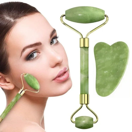 Jade Gua Sha & Roller Set - Natural Stone Facial Massage Beauty Tool