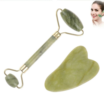 Jade Gua Sha & Roller Set - Natural Stone Facial Massage Beauty Tool