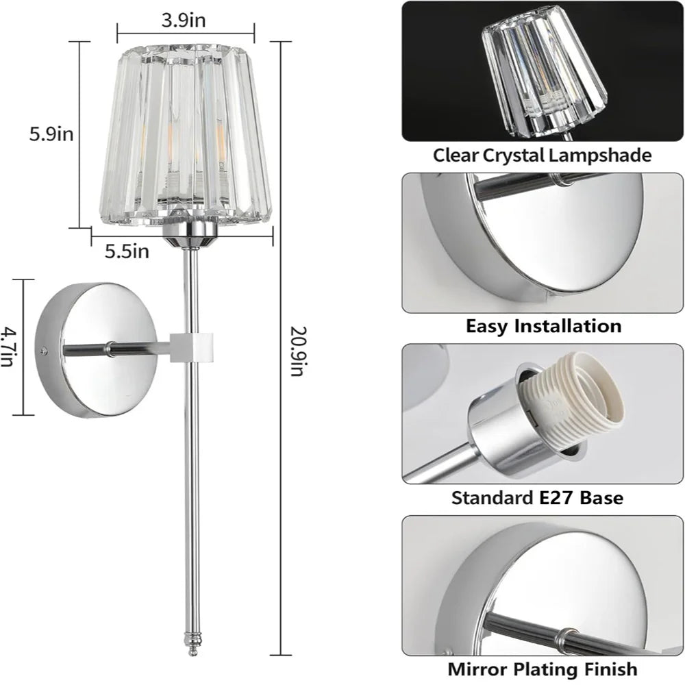 Rechargeable Crystal Wall Lights - No Wiring American Style LED Bedroom Lamps