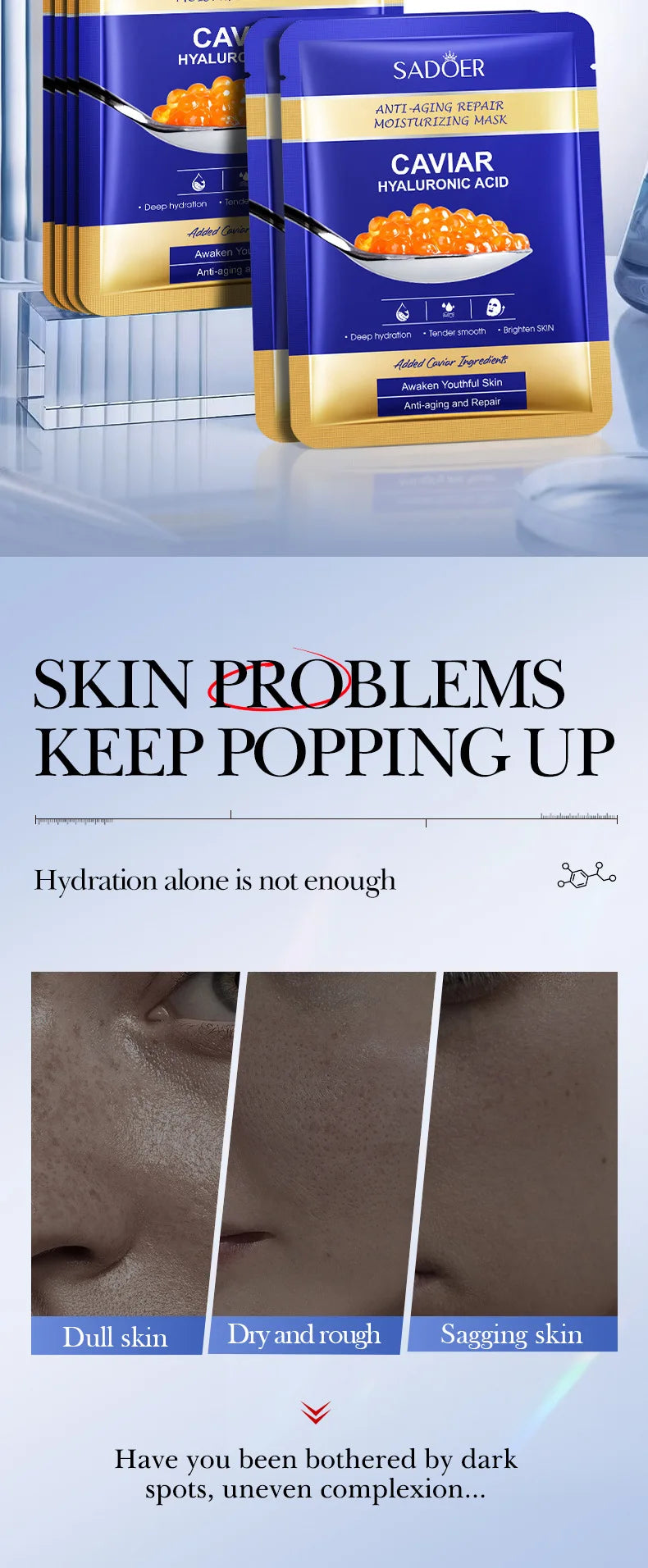 Caviar Face Masks 5-10pcs - Hyaluronic Acid Hydrating Sheet Masks