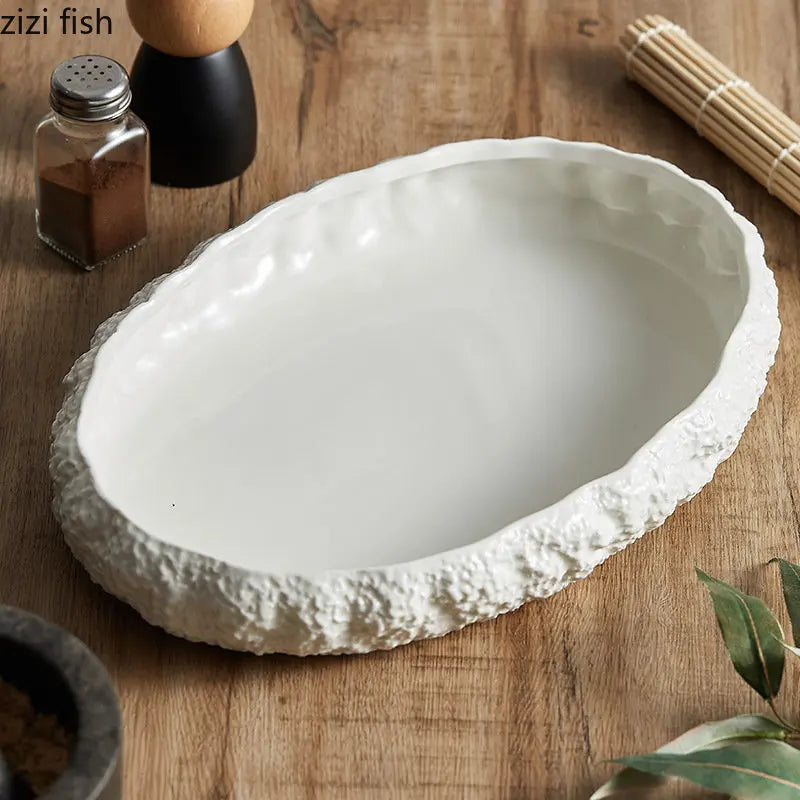 Textured Ceramic Dinner Plate - Pure White Rock Pattern Plate for Steaks