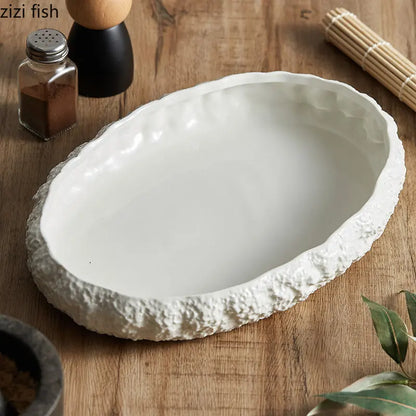 Textured Ceramic Dinner Plate - Pure White Rock Pattern Plate for Steaks