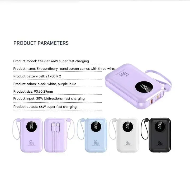 Portable Power Bank 20000mAh Digital - Fast Charging Mobile Battery with Cable