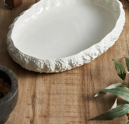 Textured Ceramic Dinner Plate - Pure White Rock Pattern Plate for Steaks
