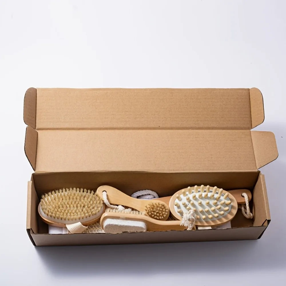 Natural Bristle Brush Set 5pcs - Spa Body Exfoliating Massager