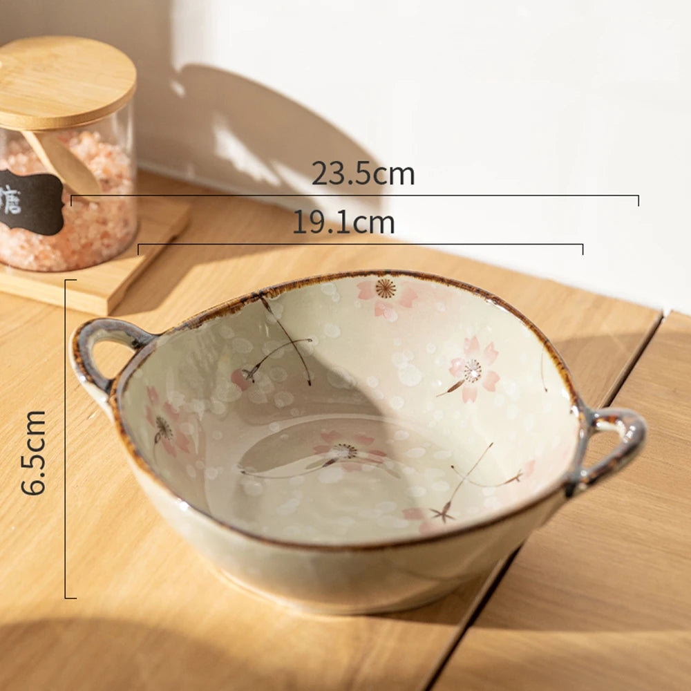 Handled Ceramic Noodle Bowl Japanese - 7.5 Inch Microwave Safe Soup Bowl
