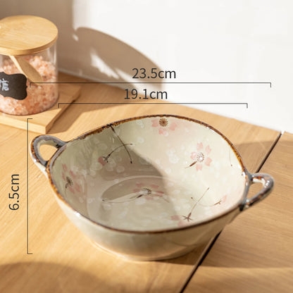 Handled Ceramic Noodle Bowl Japanese - 7.5 Inch Microwave Safe Soup Bowl