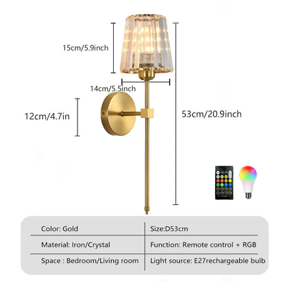 Rechargeable Crystal Wall Lights - No Wiring American Style LED Bedroom Lamps