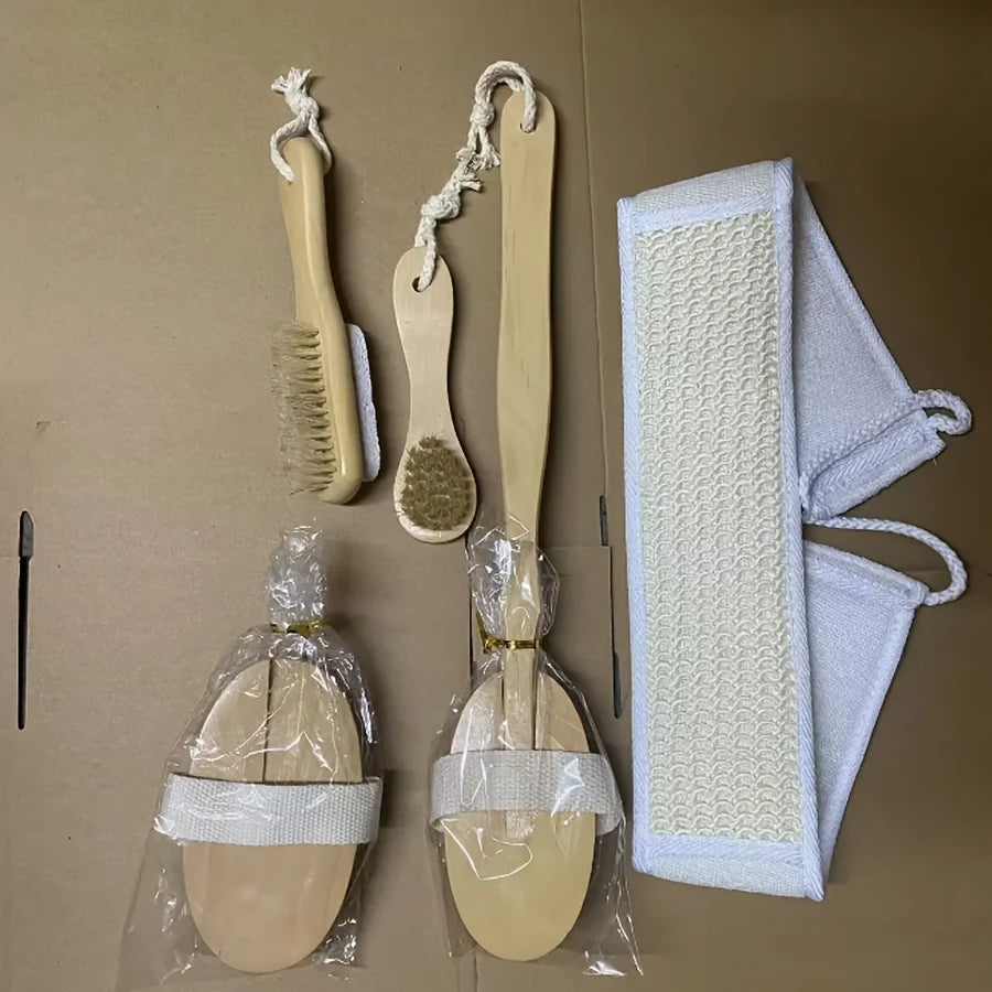 Natural Bristle Brush Set 5pcs - Spa Body Exfoliating Massager