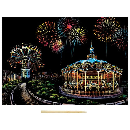 A complete scratch painting set featuring castles, flames and landscapes. Comes with tools – perfect for gifting or relaxing craft time.