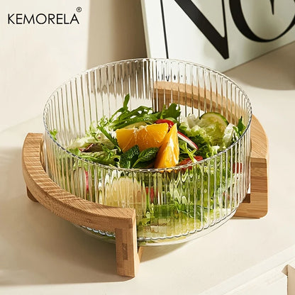 Decorative Glass Bowl with Wood Stand - Round Serving Bowl for Living Room"