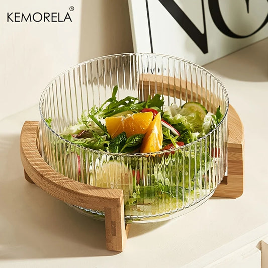 Decorative Glass Bowl with Wood Stand - Round Serving Bowl for Living Room"