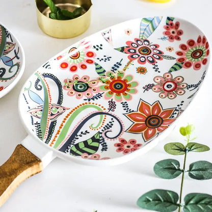 Handled Porcelain Plates Floral Design - Serving Plates for Desserts and Salads"