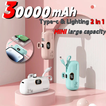 Digital -High Capacity Power Bank 30000mAh - Mini Capsule Fast Charger Mobile Battery Battery with Cable