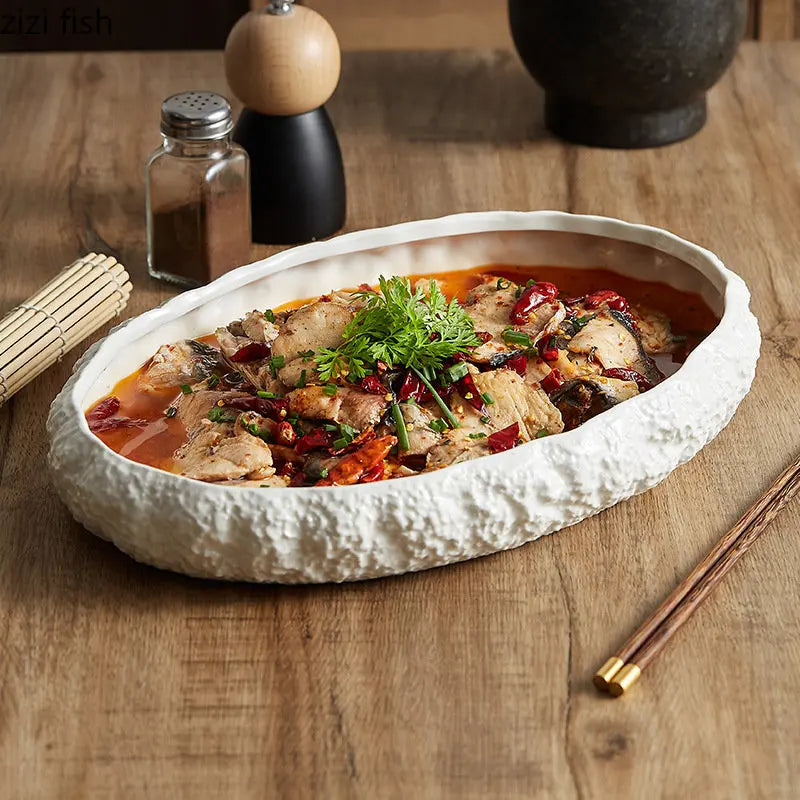 Textured Ceramic Dinner Plate - Pure White Rock Pattern Plate for Steaks