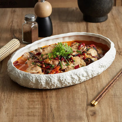 Textured Ceramic Dinner Plate - Pure White Rock Pattern Plate for Steaks
