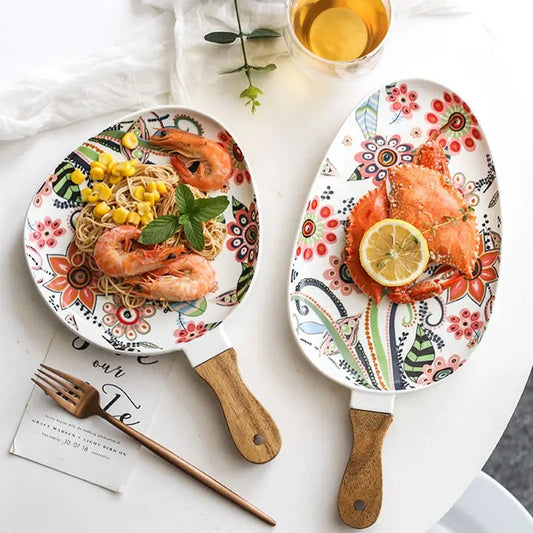 Handled Porcelain Plates Floral Design - Serving Plates for Desserts and Salads"
