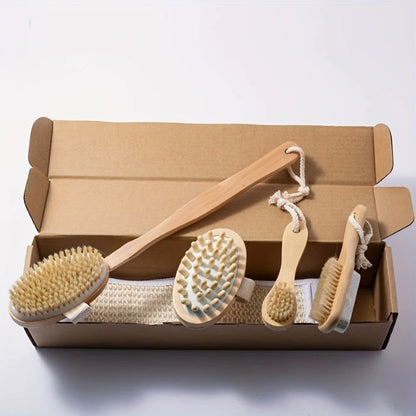 Natural Bristle Brush Set 5pcs - Spa Body Exfoliating Massager
