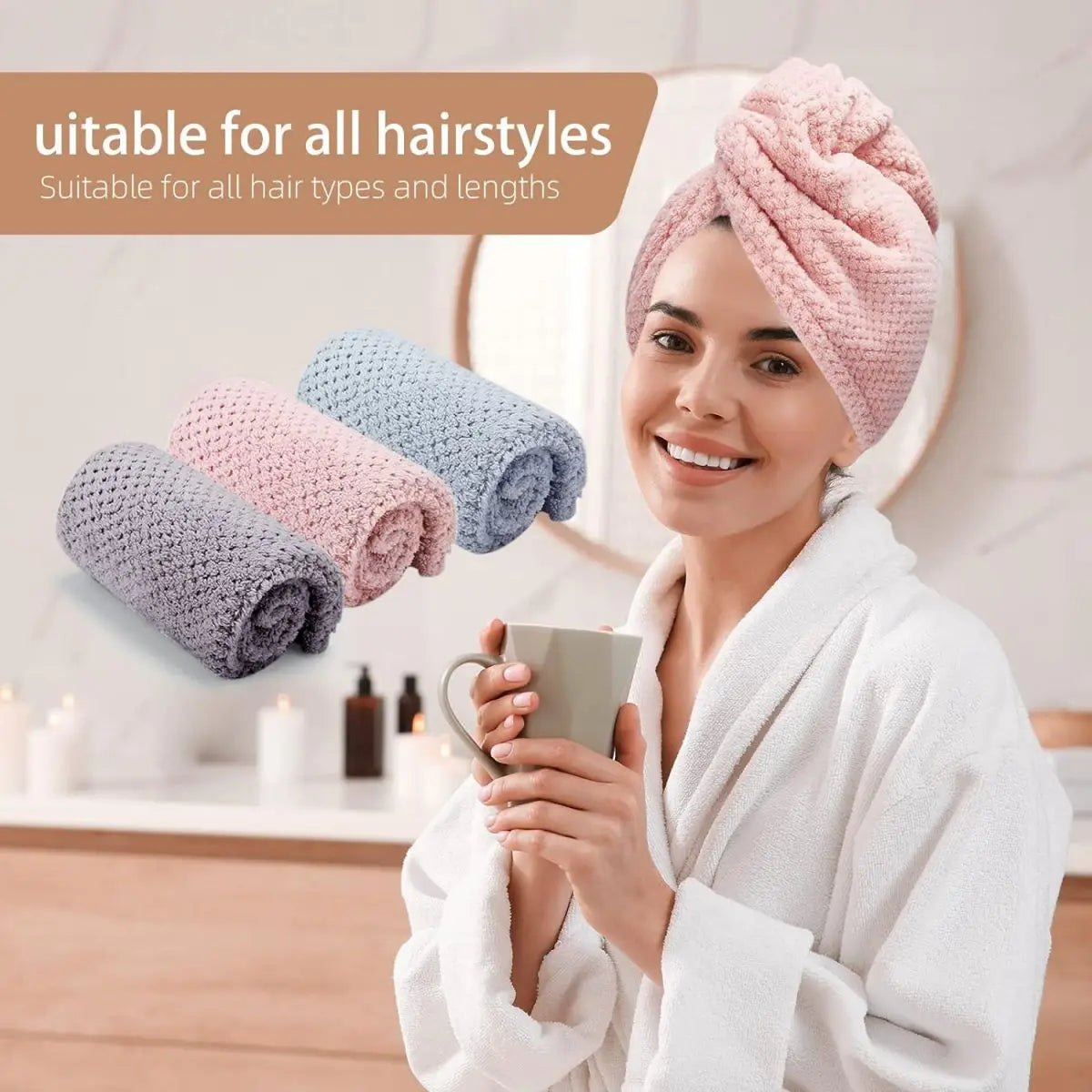 Hair Towel Wrap - Textured Absorbent Turban with Button 25x65cm