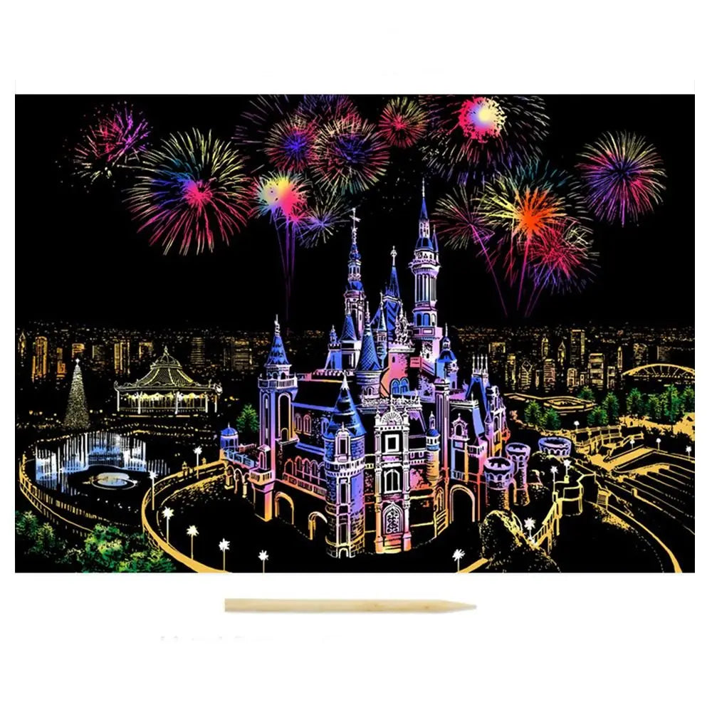 A complete scratch painting set featuring castles, flames and landscapes. Comes with tools – perfect for gifting or relaxing craft time.