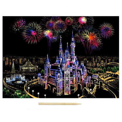 A complete scratch painting set featuring castles, flames and landscapes. Comes with tools – perfect for gifting or relaxing craft time.