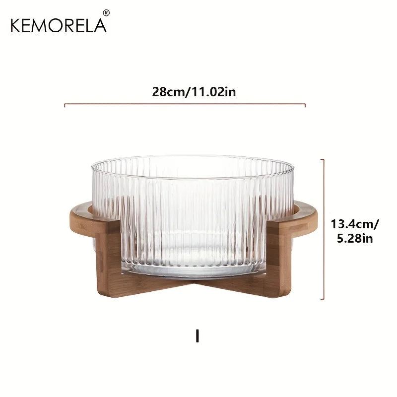 Decorative Glass Bowl with Wood Stand - Round Serving Bowl for Living Room"